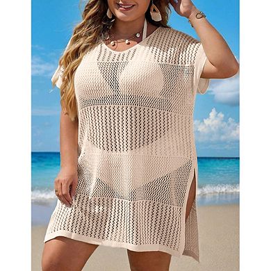 Women's Plus Size Hollow Out Split Swimsuit Cover Up Short Sleeve Sheer Beach Dress