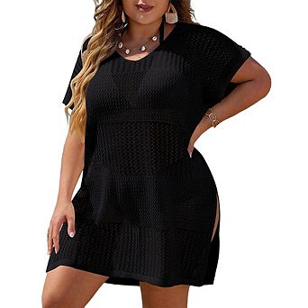 Women's Plus Size Hollow Out Split Swimsuit Cover Up Short Sleeve Sheer Beach Dress