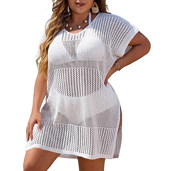 Women's Plus Size Hollow Out Split Swimsuit Cover Up Short Sleeve Sheer Beach Dress