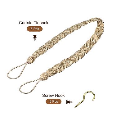 6Pcs 23" Curtain Tiebacks Braid Drapery Holdback Holder with Hooks
