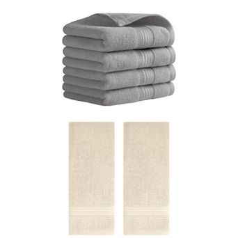 6 Pack Solid Striped Hand Towel Set 13"x29" Cotton Soft Absorbent Towels