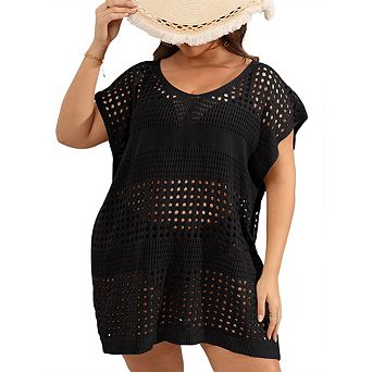 Women's Plus Size Swimsuit Cover Up Short Sleeve Hollow Out Swimwear Bathing Suit Crochet