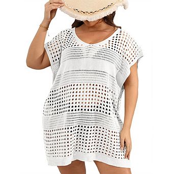 Women's Plus Size Swimsuit Cover Up Short Sleeve Hollow Out Swimwear Bathing Suit Crochet
