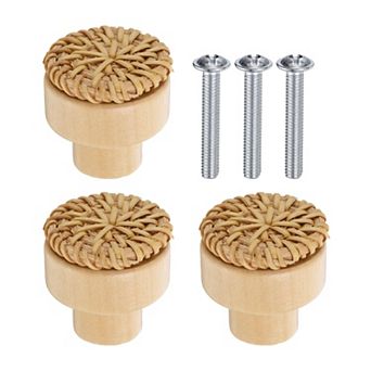 3 pc Rattan Knobs Round Wooden Dresser Knob with Screws