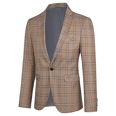 Mens Checkered Business Blazer Slim Fit 1-Button Formal Office Jacket