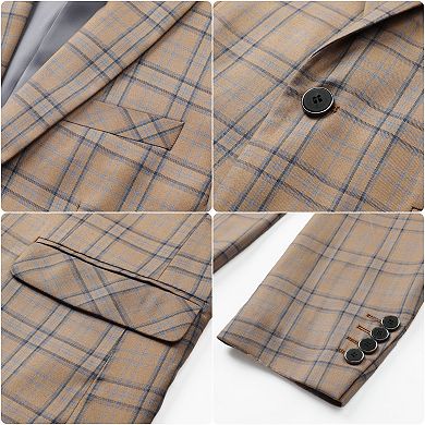 Mens Checkered Business Blazer Slim Fit 1-Button Formal Office Jacket