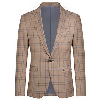 Mens Checkered Business Blazer Slim Fit 1-Button Formal Office Jacket