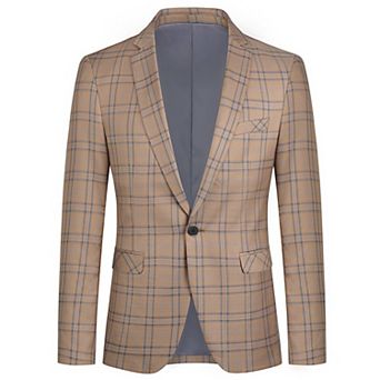Mens Checkered Business Blazer Slim Fit 1-Button Formal Office Jacket