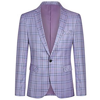 Mens Checkered Business Blazer Slim Fit 1-Button Formal Office Jacket