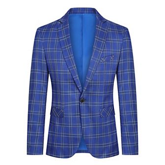 Mens Plaid Suit Jacket 1-Button Slim Fit Office & Wedding Blazer