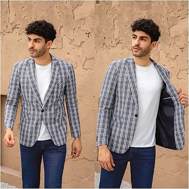 Mens Lightweight Plaid Blazer - 1-Button Slim Fit Summer Linen-Blend Jacket