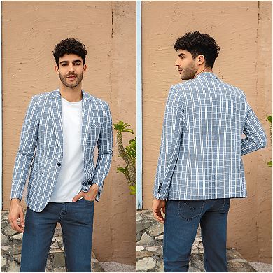 Mens Lightweight Plaid Blazer - 1-Button Slim Fit Summer Linen-Blend Jacket