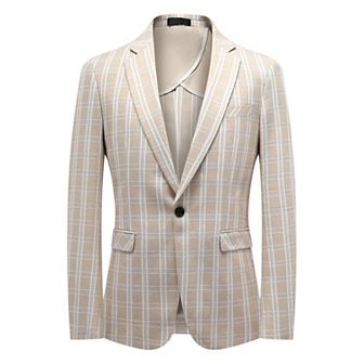 Mens Lightweight Plaid Blazer - 1-Button Slim Fit Summer Linen-Blend Jacket