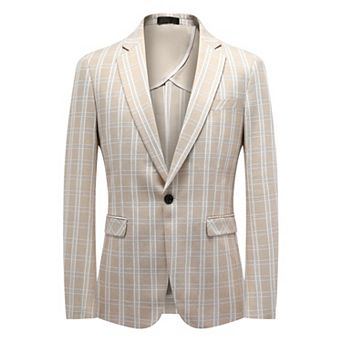 Mens Lightweight Plaid Blazer - 1-Button Slim Fit Summer Linen-Blend Jacket