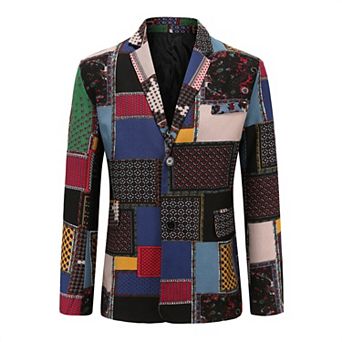 Mens Geometric Floral Blazer 2-Button Slim Artistic Personality Coat