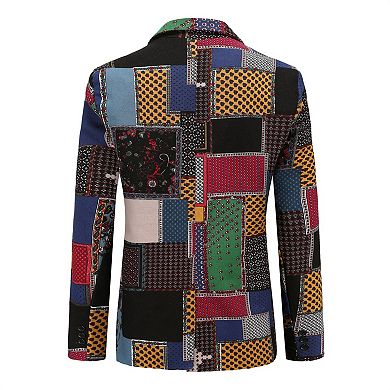Mens Geometric Floral Blazer 2-Button Slim Artistic Personality Coat