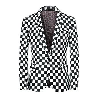 Mens Printed Check Suit Jacket - 1-Button Notched Lapel Slim Fashion Blazer