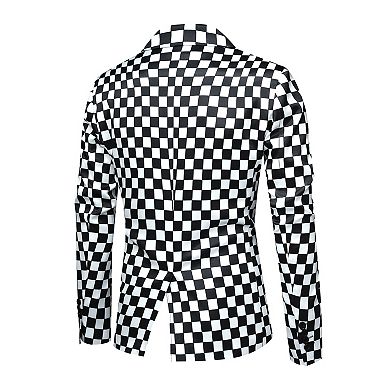 Mens Printed Check Suit Jacket - 1-Button Notched Lapel Slim Fashion Blazer