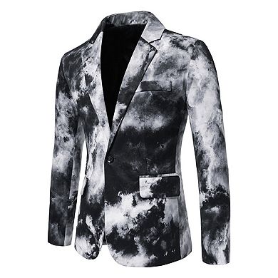 Mens Ink Print Blazer 1-Button Slim Fit Artistic Coat