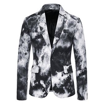 Mens Ink Print Blazer 1-Button Slim Fit Artistic Coat