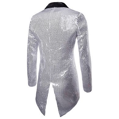 Mens Sequin Tailcoat Swallowtail Suit Jacket 1-Button Slim Coat