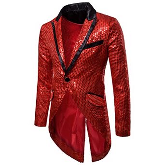 Mens Sequin Tailcoat Swallowtail Suit Jacket 1-Button Slim Coat