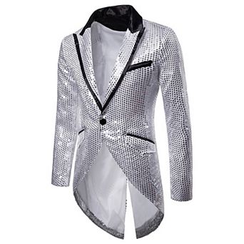 Mens Sequin Tailcoat Swallowtail Suit Jacket 1-Button Slim Coat
