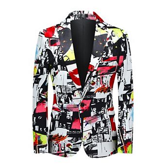 Mens Graffiti Print Suit Jacket 1-Button Notched Lapel Slim Fashion Blazer