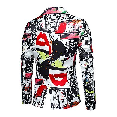 Mens Graffiti Print Suit Jacket 1-Button Notched Lapel Slim Fashion Blazer