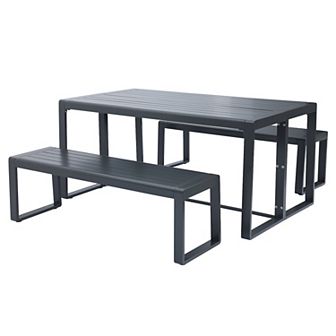 Aoodor 3 pc Outdoor Patio Aluminum Dining Set with 1 Rectangular Picnic Table and 2 Benches