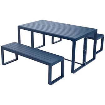 Aoodor 3 pc Outdoor Patio Aluminum Dining Set with 1 Rectangular Picnic Table and 2 Benches