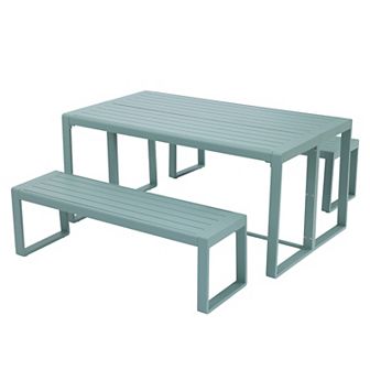 Aoodor 3 pc Outdoor Patio Aluminum Dining Set with 1 Rectangular Picnic Table and 2 Benches