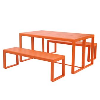 Aoodor 3 pc Outdoor Patio Aluminum Dining Set with 1 Rectangular Picnic Table and 2 Benches