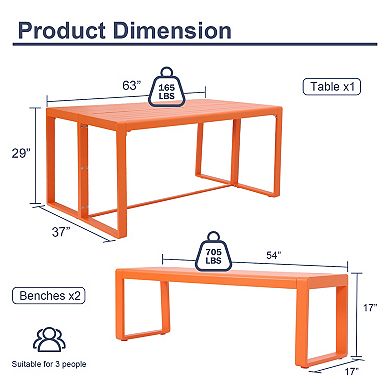 Aoodor 3-Piece Outdoor Patio Aluminum Dining Set with 1 Rectangular Picnic Table and 2 Benches