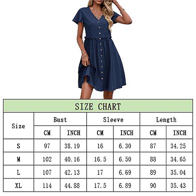 Women's Casual Summer Short Sleeve V-Neck Button Down A-Line Swing Party Dress