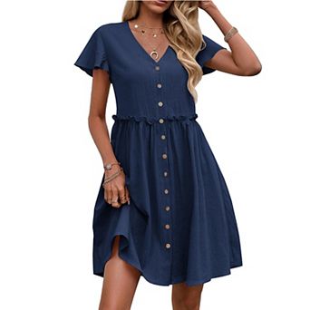 Women's Casual Summer Short Sleeve V-Neck Button Down A-Line Swing Party Dress