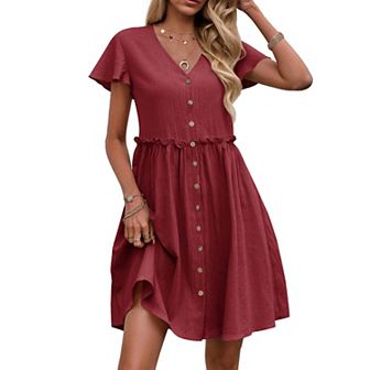 Women's Casual Summer Short Sleeve V-Neck Button Down A-Line Swing Party Dress