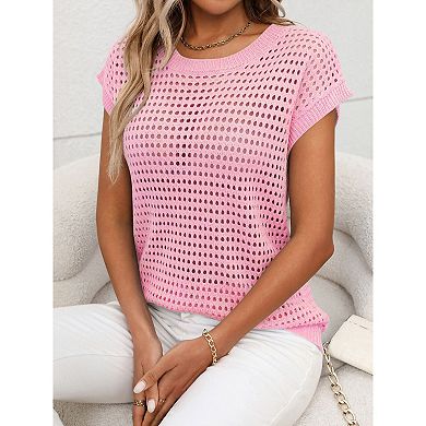 Womens Crochet Sweater Tops Semi Sheer Cap Sleeve Crew Neck Pullover Vest Hollow Out Summer Tops