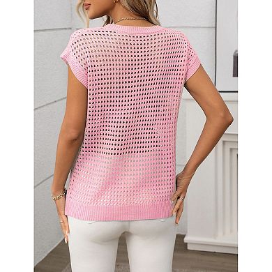 Womens Crochet Sweater Tops Semi Sheer Cap Sleeve Crew Neck Pullover Vest Hollow Out Summer Tops