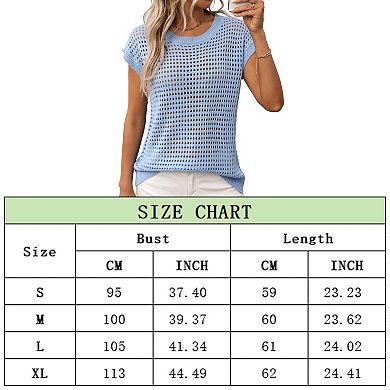 Womens Crochet Sweater Tops Semi Sheer Cap Sleeve Crew Neck Pullover Vest Hollow Out Summer Tops