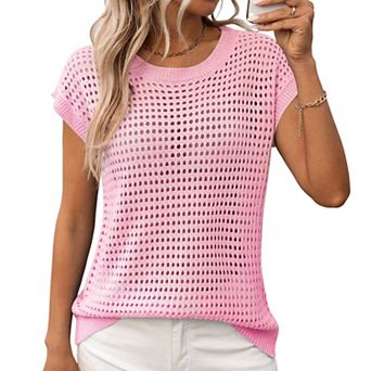 Womens Crochet Sweater Tops Semi Sheer Cap Sleeve Crew Neck Pullover Vest Hollow Out Summer Tops
