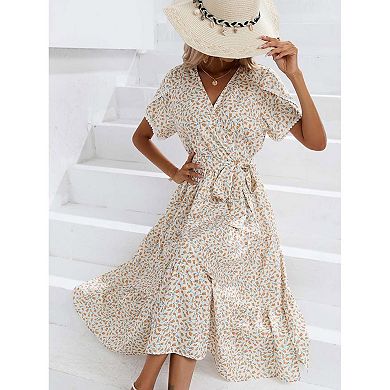 Fashion V Neck Short Sleeve Floral Loose Midi Dress