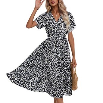 Women Floral Printed Short Sleeve V-Neck Midi Dresses Elastic Waist Swing Loose Fit Dress with Belt