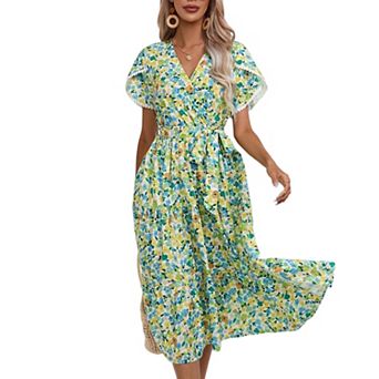Women Floral Printed Short Sleeve V-Neck Midi Dresses Elastic Waist Swing Loose Fit Dress with Belt