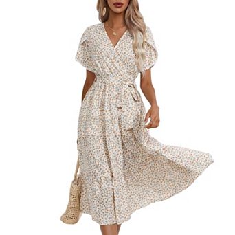 Women Floral Printed Short Sleeve V-Neck Midi Dresses Elastic Waist Swing Loose Fit Dress with Belt