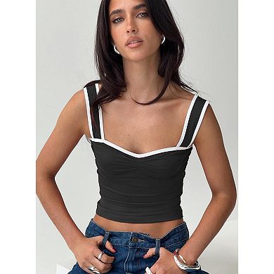 Women Wide Strap Slim Fit Y2K Cropped Tank Tops Front Ruched Color Block Cropped Cami Vest