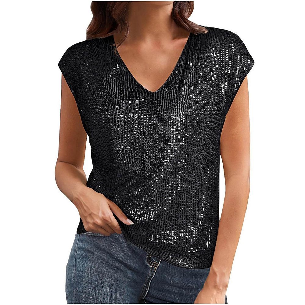 Women Sequin Top Sparkle Sleeveless Shimmer Tanks Tops Summer V