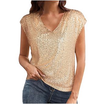 Women Sequin Top Sparkle Sleeveless Shimmer Tanks Tops Summer V Neck Fashion Shirts for Party Night