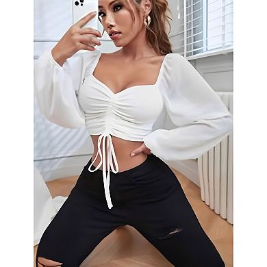 Women's Chiffon Long Lantern Sleeve Blouse Drawstring Low Cut V Neck Slim Fit Summer Tops