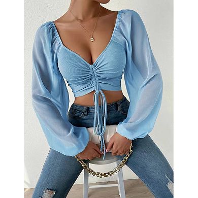 Women's Chiffon Long Lantern Sleeve Blouse Drawstring Low Cut V Neck Slim Fit Summer Tops
